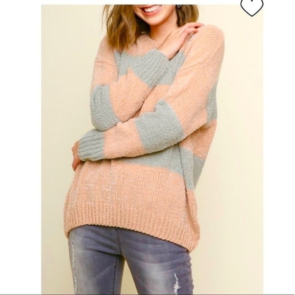 Umgee Striped Lurex Crewneck Sweater in Blush/Grey S NWOT